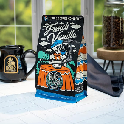 Bones Coffee Company French Vanilla, Creamy Vanilla Flavored Coffee, Medium Roast Low Acid Arabica Beans Compatible with Auto drip and French Press Coffee Maker, 12 Oz Whole Bean