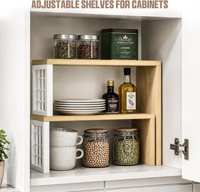 Kitchen Countertop Organizer, 2 Tier Spice Rack, Adjustable Cabinet Organizer Shelf, Corner Counter Shelf for Kitchen, Pantry, Coffee Station, Stackable, Expandable, Beige