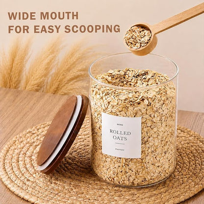 2 Pack Glass Rice Containers with Acacia Wood Lids, 70oz Airtight Flour and Sugar Jars with 105 Labels, Large Glass Pantry Storage Jars for Cereal, Protein Powder, Cookies, Dry Food