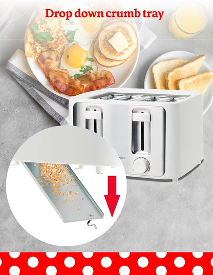 Betty Crocker 4-Slice Toaster, 1500W, Variable Toast Shade Control Dials, High Lift Feature, Cool Touch Housing, Bread Centering Guides, Drop Down Crumb Tray, BC-5635W, White