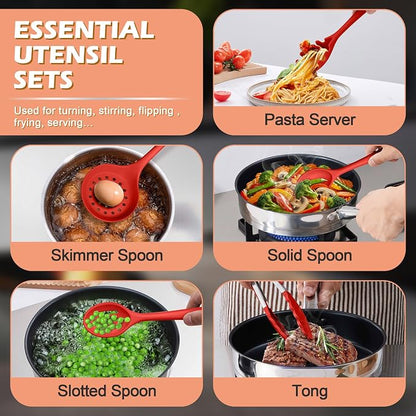 Homikit Kitchen Cooking Utensils Set with Holder, 15-Piece Silicone Spatula Set for Nonstick Cookware, 446°F Heat Resistant Spoon Turner Tong Whisk Brush for Cooking and Baking-Red
