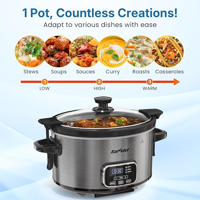 4QT Slow Cooker, Programmable Pot with Removable Ceramic Pot, Locking Lid, 3 Heating Settings & Time Control,Dishwasher-safe Lid & Pot, Grey