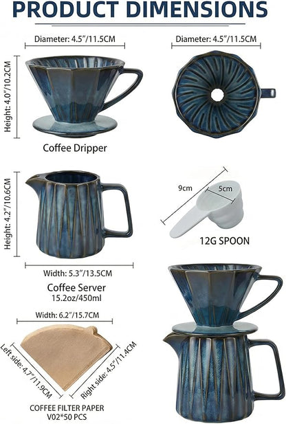 Pour Over Coffee Maker Set, Vintage Ceramic Coffee Dripper with 50 Paper Filters, 15oz/450ml, for Home Café Restaurant Camping