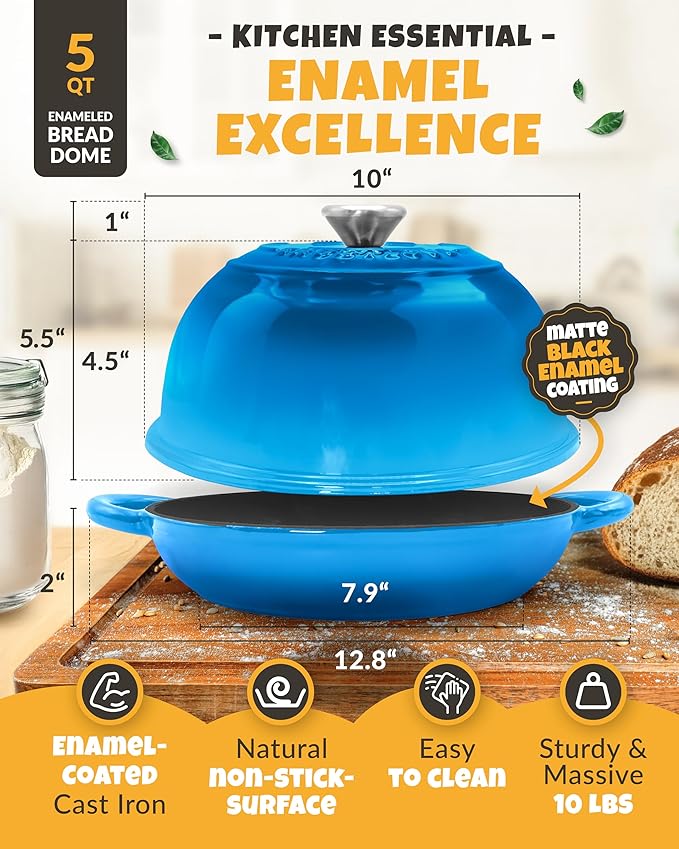 CRUSTLOVE Dutch Oven Bread Baking - 5QT Enamel Bread-Dome - incl Sourdough Bread-Baking Suppliers like Dough Whisk Scoring Lame etc Bread-Oven Cast Iron for Sour dough Bread-Pan with Lid, Bread-making