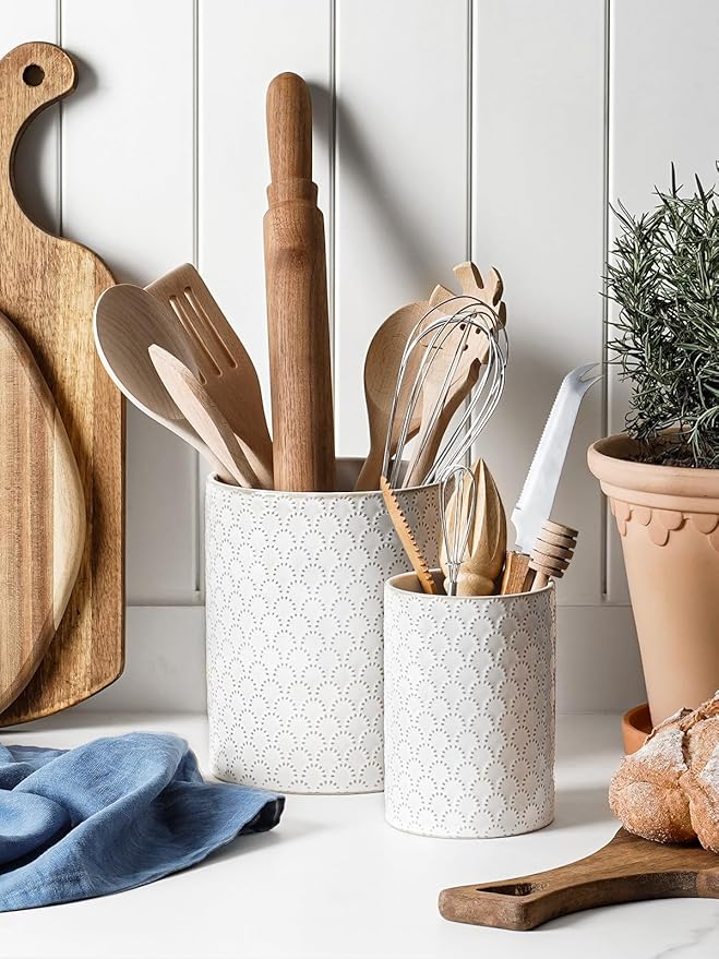 LE TAUCI Kitchen Utensil Holder for Countertop - 7.1"+5.4" Ceramic Utensil Crock Set of 2, Large Cooking Utensil Organizer for Spatula, Spoon, Whisk - Farmhouse Storage, Embossed, Fireworks
