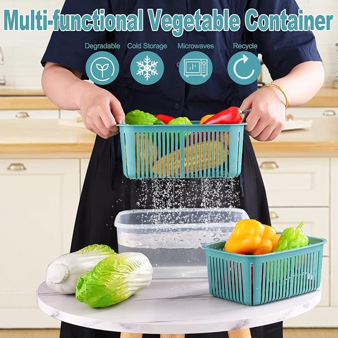 U/C Plastic Food Storage Containers, Fresh Vegetable Fruit Storage Containers for Refrigerator, Kitchen Produce Saver Container with a Draining Basket, BPA Free (5 Pack)