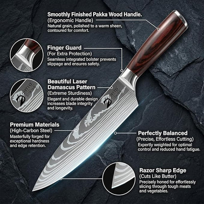 Dfito Kitchen Knife Set, 3 Pieces High Carbon Stainless Steel Chef Knife Set with Red Pakkawood Handle, Ultra Sharp Professional Chef Knives Sets for Home Cooking, Dishwasher Safe