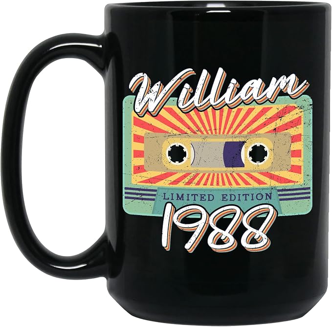 Personalized Vintage Cassette Tape Vintage 1988 Mug, Custom Your Name, 1988 Retro Coffee Mug, 34th Birthday Present Gifts, 1988 Birthday Gift For Friends Family, Customizable Black Tea Cups
