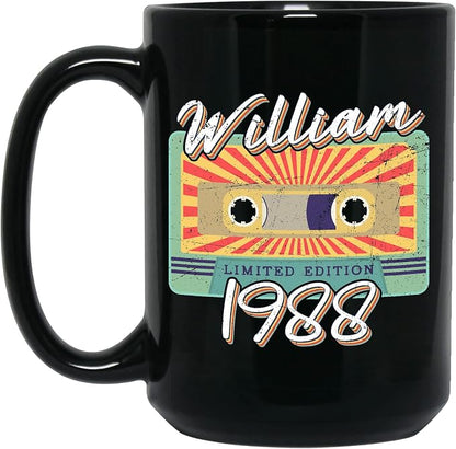 Personalized Vintage Cassette Tape Vintage 1988 Mug, Custom Your Name, 1988 Retro Coffee Mug, 34th Birthday Present Gifts, 1988 Birthday Gift For Friends Family, Customizable Black Tea Cups