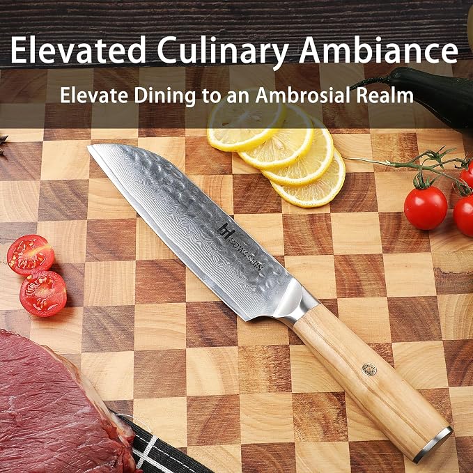 Damascus Santoku Knife 6.5 Inch Professiona Kitchen Knives VG-10 Damascus Steel Ultra-Sharp Santoku Japanese Chef Knife with Ergonomic Olive Wood Handle -Gift Box for Family & Restaurant