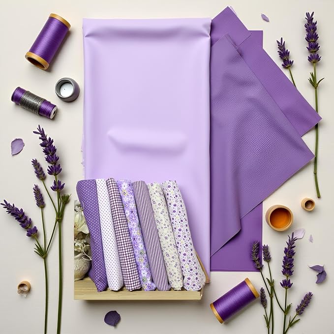 7Pcs Square Shape, Flower, Striped, Polka Dot Cotton Fabric Fabric for Sewing, 25x25cm Cotton Fabric Flower Polka Dot Bundle DIY Patchwork Quilt Cloth,Craft and Hobby Fabric (Purple)