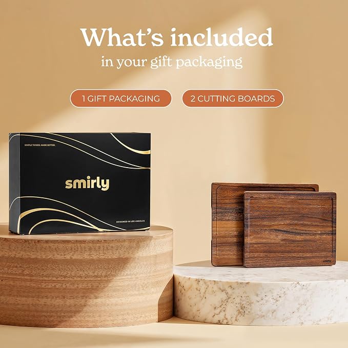 SMIRLY Wood Cutting Boards for Kitchen - Walnut Cutting Board with Handle and Juice Groove for Meal Prep, Serving, Charcuterie - Kitchen Gadgets, House Warming Gifts - Wooden Chopping Board Set of 2