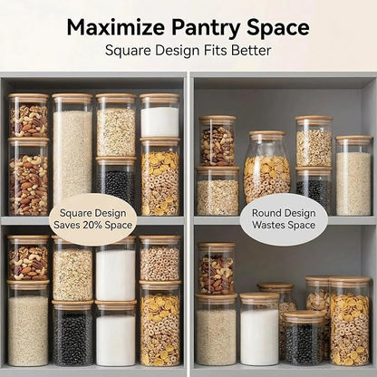 Airtight Glass Storage Containers with Lids Set, 9 Pack Pantry and Pasta Storage Containers 25/37/51/78oz, Square Kitchen Canister Set for Flour Sugar Rice, Cereal Beans Oats Spaghetti Pasta