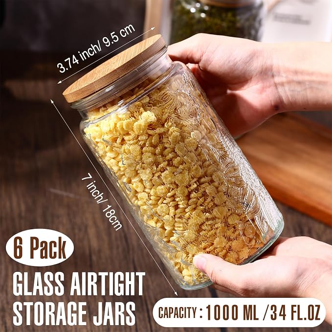 Domensi 6 Pack 34 oz Vintage Glass Jars with Lid Airtight Cute Cookie Jars Food Storage Containers for Decorative Desk Kitchen Office Pantry Candy Sugar Coffee Bean Tea Flour Oats