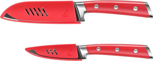 Cangshan S+ Series 1022131 German Steel Forged 2-Piece Titanium Coated Santoku Starter Knife Set with Sheaths, Jupiter Red