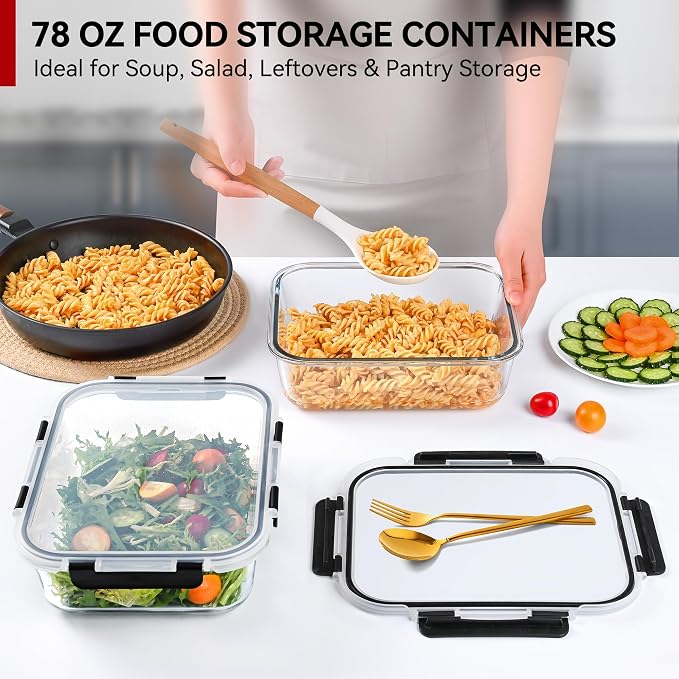 GEHE 2 Pack 78oz Large Glass Storage Containers with Lids, Meal Prep Container, Glass Food Storage Containers for Roasting, Serving, Leakproof, Microwave, Freezer and Dishwasher Safe, BPA Free
