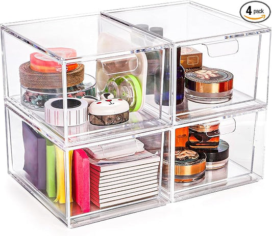 Foraineam 4 Pack Stackable Storage Containers Makeup Organizer Drawers, Acrylic Storage Bins with Pull-Out Drawers, Clear Plastic Cosmetic Display Case For Vanity, Cupboard, Pantry, Kitchen Cabinet