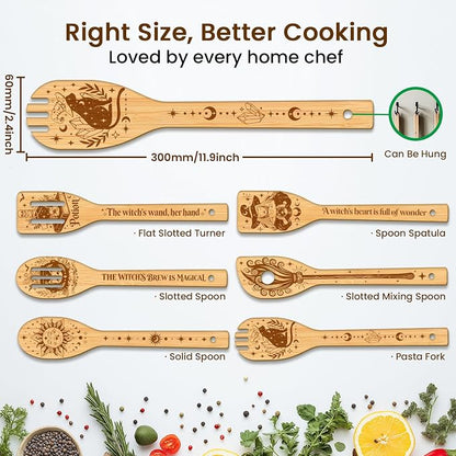 CUTHOLLOW 6PCS Magic Witch and Broom Wooden Kitchen Cooking Utensil Set, 11.9in Non Toxic Bamboo Wood Spoon Set for Cooking, Best Housewarming Birthday Thanksgiving Christmas Gift for Women Mother
