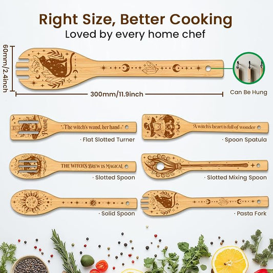CUTHOLLOW 6PCS Magic Witch and Broom Wooden Kitchen Cooking Utensil Set, 11.9in Non Toxic Bamboo Wood Spoon Set for Cooking, Best Housewarming Birthday Thanksgiving Christmas Gift for Women Mother