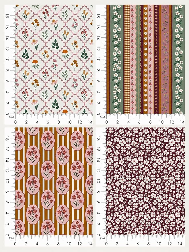 Cotton Patchwork Quilting Fabric Panel – 155×100 cm, 100% Cotton, Made in Türkiye (PRT_KUP 01-001) (Vintage Cottage Blooms, 5 pcs (23.6x11.8 inc))