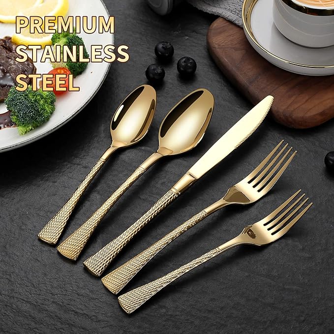 Lemeya Hammered Gold Silverware Set,30 Piece Modern Flatware Set Service for 6,Mirror Polished Stainless Steel Cutlery Set Utensil Set Tableware Set,Kitchen Knives Forks Spoons Set,Dishwasher Safe
