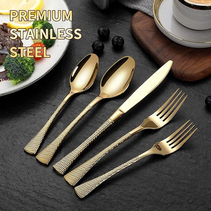 Lemeya Hammered Gold Silverware Set,30 Piece Modern Flatware Set Service for 6,Mirror Polished Stainless Steel Cutlery Set Utensil Set Tableware Set,Kitchen Knives Forks Spoons Set,Dishwasher Safe
