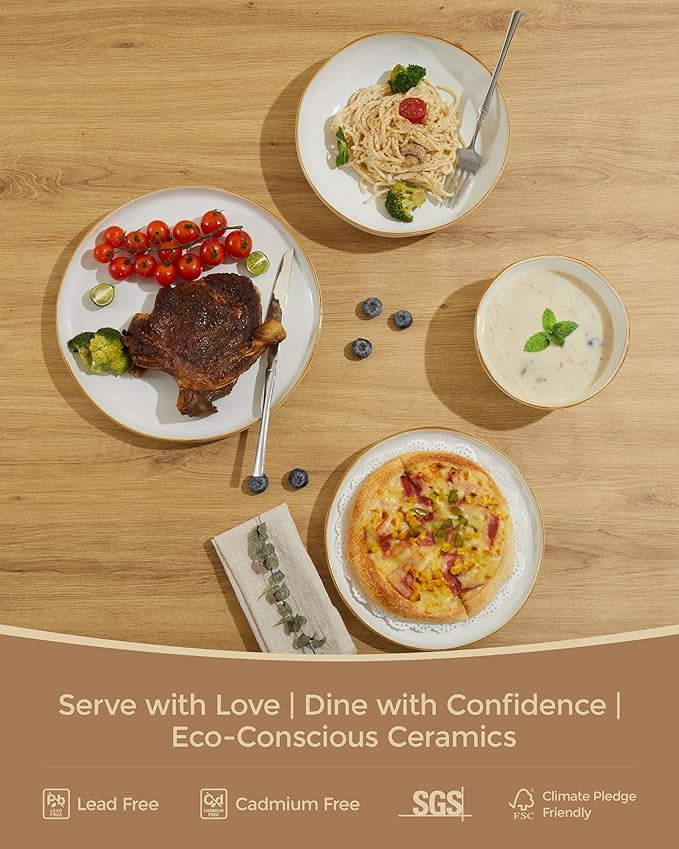 Pokini 24 Pieces Dinnerware Set for 6 with Pasta Bowls, Complete Ceramic Dish Set, Stackable & Glossy Stoneware Plate and Bowl Set for Effortless Everyday Hosting, White