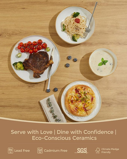 Pokini Plates and Bowls Sets, 16 Pieces Dinnerware Set for 4 with Pasta Bowls, Handmade Dishes Set, Chip Resistant Dishware Sets, Microwave Safe Dinner Set, Designed for Interactive Meals, White