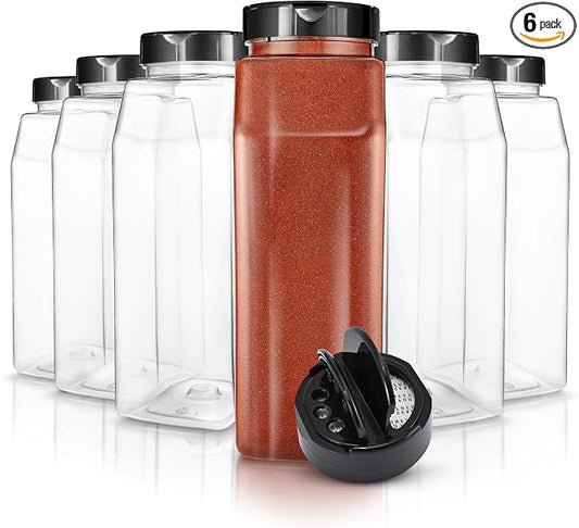 6 Pack 32 oz Plastic Spice Jars, Empty Seasoning Containers for Homemade Rub, Spices, Glitter, and More, Small Spice Containers with Black Shaker Lids and Heat-Induction Liner, Clear Spice Jars