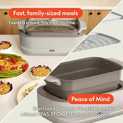 bella 6.0 QT Multi-Cooker, Ceramic Nonstick Coating, 4-in-1 Versatility, 4 cooking functions, Slow Cook, Sear, Saute, Steam, Serves 7 people, Dishwasher Safe Pot & Tempered Glass Lid, Tangle Free Cord Wrap, Oatmilk