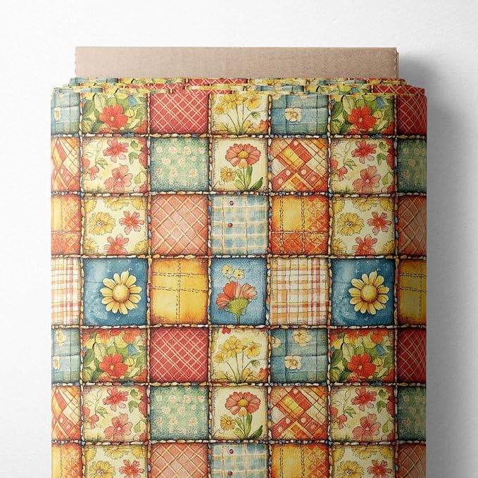 Sunny Garden Patchwork Cotton Fabric Panel 61 x 36.6 Inches, Floral Rustic Quilt Print, Multicolor Yellow Blue Red Tones, 100% Cotton 140 GSM