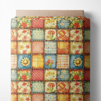 Sunny Garden Patchwork Cotton Fabric Panel 61 x 36.6 Inches, Floral Rustic Quilt Print, Multicolor Yellow Blue Red Tones, 100% Cotton 140 GSM