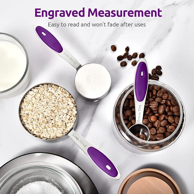 Measuring Cups and Spoons Set: U-Taste 18/8 Stainless Steel 10 Pieces Metal Stacking Kitchen Baking Cooking Food Measure Set 5 Cups 5 Spoons with Strengthened Weld Joints (Purple, Upgraded Version)