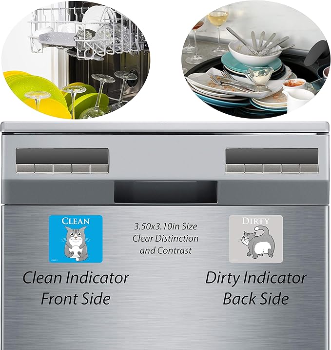 Gray Funny Cat Clean Dirty Dishwasher Magnet, Dishwasher Magnet Clean Dirty Sign, Reversible Funny Dish Washer Refrigerator Sign, Cute Cat Stickers, Double Sided