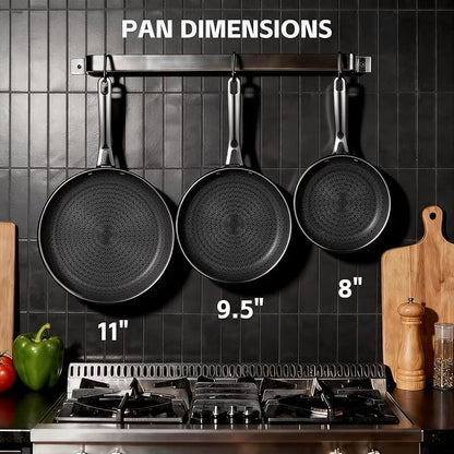 Ammeloo Hybrid Tri-Ply Stainless Steel Frying Pan Set, 8"/9.5"/11" Cooking Pans, Non Stick Frying Pans and Skillets, Chef Pan, Non Toxic, Dishwasher Safe, Induction Compatible, Black Interior