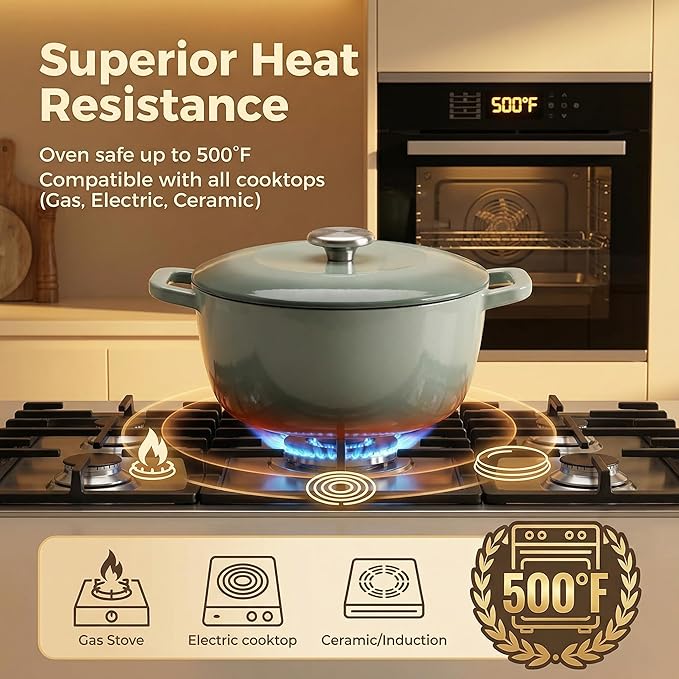 7QT Enamel Cast Iron Dutch Oven with Lid,Dual Handles,Versatile Heavy-Duty Non-toxic Cookware for Sourdough Bread Baking,Braising,Stews,Roasting,Oven Safe up to 500°F green