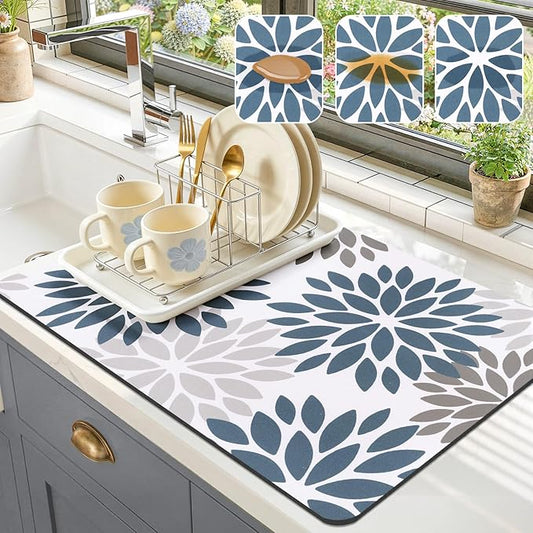 Findosom Floral Dish Drying Mat, 16" x 24" Super Absorbent & Hide Stain Coffee Mat, Cuttable Drying Mat for Kitchen Counter, Under Dish Rack, Coffee Maker, Espresso Machine, Blue