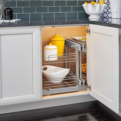 Rev-A-Shelf Chrome Two-Tier Wire Bottom Pullout Organizer for Blind Corner Base Kitchen Cabinets, Adjustable 4-Basket Storage System, Min Opening Width of 18", 5PSP-18-CR