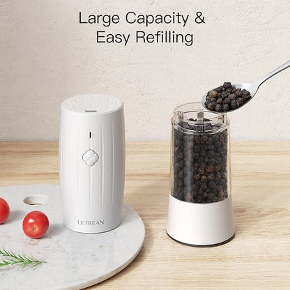 Ultrean Salt and Pepper Grinder Set, USB-C Rechargeable Automatic Pepper Grinder Spice Mill, 6 Adjustable Coarseness LED Light Larger Capacity, Kitchen Gadget, Black & White