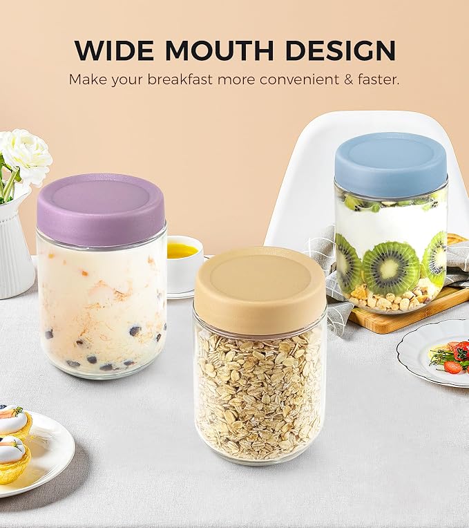 Overnight Oats Containers, 16oz Glass Food Storage Containers with Lids, Meal Prep Mason Jars for Oatmeal, Chia Seed Pudding, Yogurt (Set of 4)