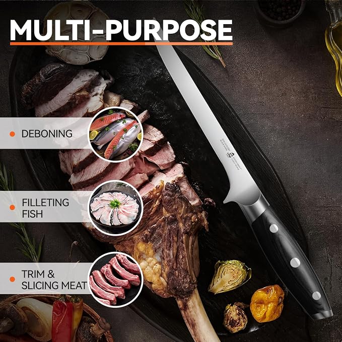 TUO Boning Knife - 7 inch Fillet Knife Flexible Kitchen Knives - German HC Steel Blade for Poultry and Fillet Fish - Full Tang Pakkawood Handle - BLACK HAWK SERIES with Gift Box