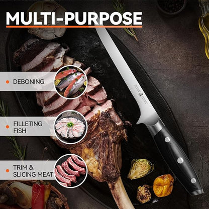 TUO Boning Knife - 7 inch Fillet Knife Flexible Kitchen Knives - German HC Steel Blade for Poultry and Fillet Fish - Full Tang Pakkawood Handle - BLACK HAWK SERIES with Gift Box