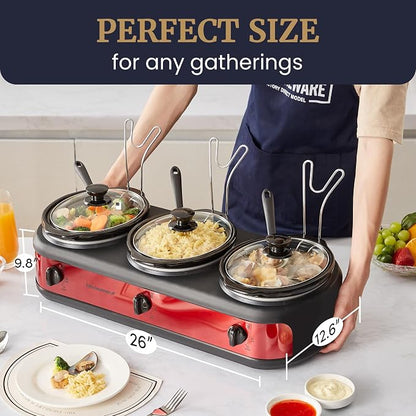Elite Gourmet EWMST-325R Maxi-Matic Triple Slow Cooker Buffet Server Adjustable Temp Dishwasher-Safe Oval Ceramic Pots, Lid Rests, 3 x 2.5 Qt Capacity, Red