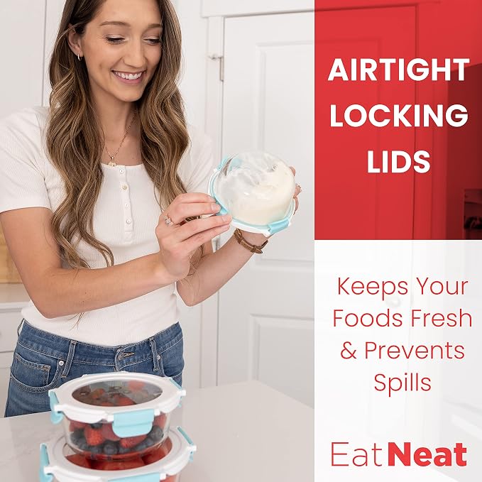 EatNeat Glass Food Storage Containers with Airtight Locking Lids – Durable & Sleek – Oven-to-Table, Microwave, Freezer & Dishwasher Safe – Includes Large, Medium & Small Sizes – Giftable 10-Pack Set