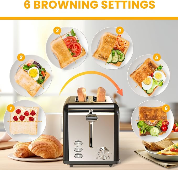 Simple Deluxe 2-Slice Toaster, 6 Browning Setting and 3 Function Stainless Steel Toaster, Extra Wide Slot & Removable Crumb Tray, for Bread & Waffle, Black