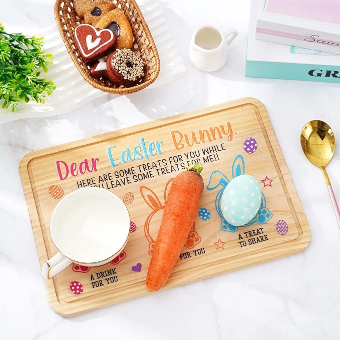 Whaline Easter Wooden Cookie Tray Dear Easter Bunny Cookie Plate Egg Carrot Drink Wooden Treat Plate Rectangle Easter Tray Bundle for Gifts Decoration Supplies, 11.8x7.8 Inch