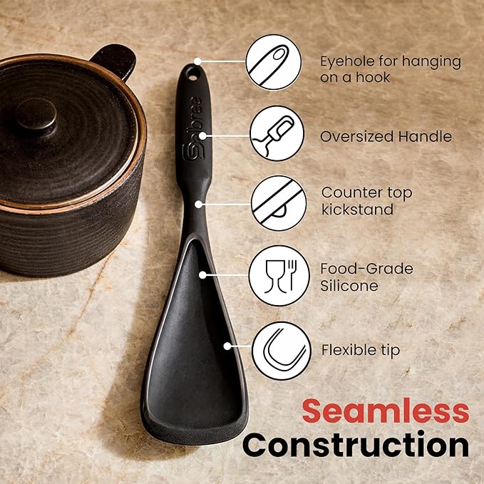Silicone Spoon Spatula for Cooking - Multifunction Scoop Spatula Spoonula - Heat Resistant Cooking Spoon for Nonstick Cookware - Large Silicone Kitchen Spoon - Seamless Design (Black,1pc)