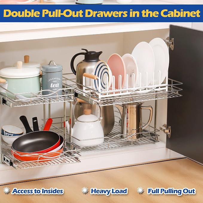 2-Tier Pull Out Cabinet Organizer(14"W X 21"D), Individual Slide Out Basket Kitchen Cabinet Organizer, Cabinet Pull Out Shelves Kitchen Cabinet Organization for Kitchen Pantry, Bathroom, Chrome