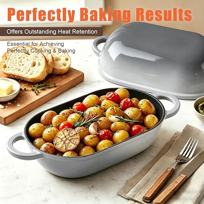 Enameled Cast Iron Sourdough Bread Oven, 5 QT Loaf Cast Iron Bread Pan with Lid, Oval Dutch Oven for Homemade Bread Baking, Meatloaf Pan with Lid (Light Gray)