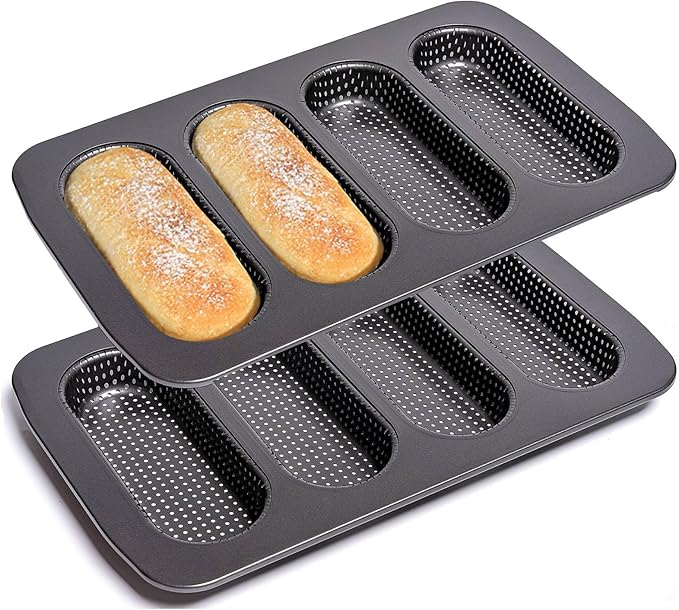 Carbon Steel Hot Dogs Buns Mold - Set of 2 Baguette Pan Nonstick French Bread Loaf Pan 4 Trays Baking Mold for Hot Dogs, Buns